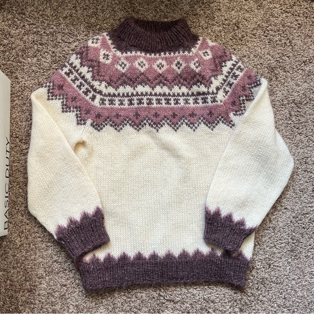 Handmade hand knit Wall Nordic style sweater, purple and ivory size small/medium